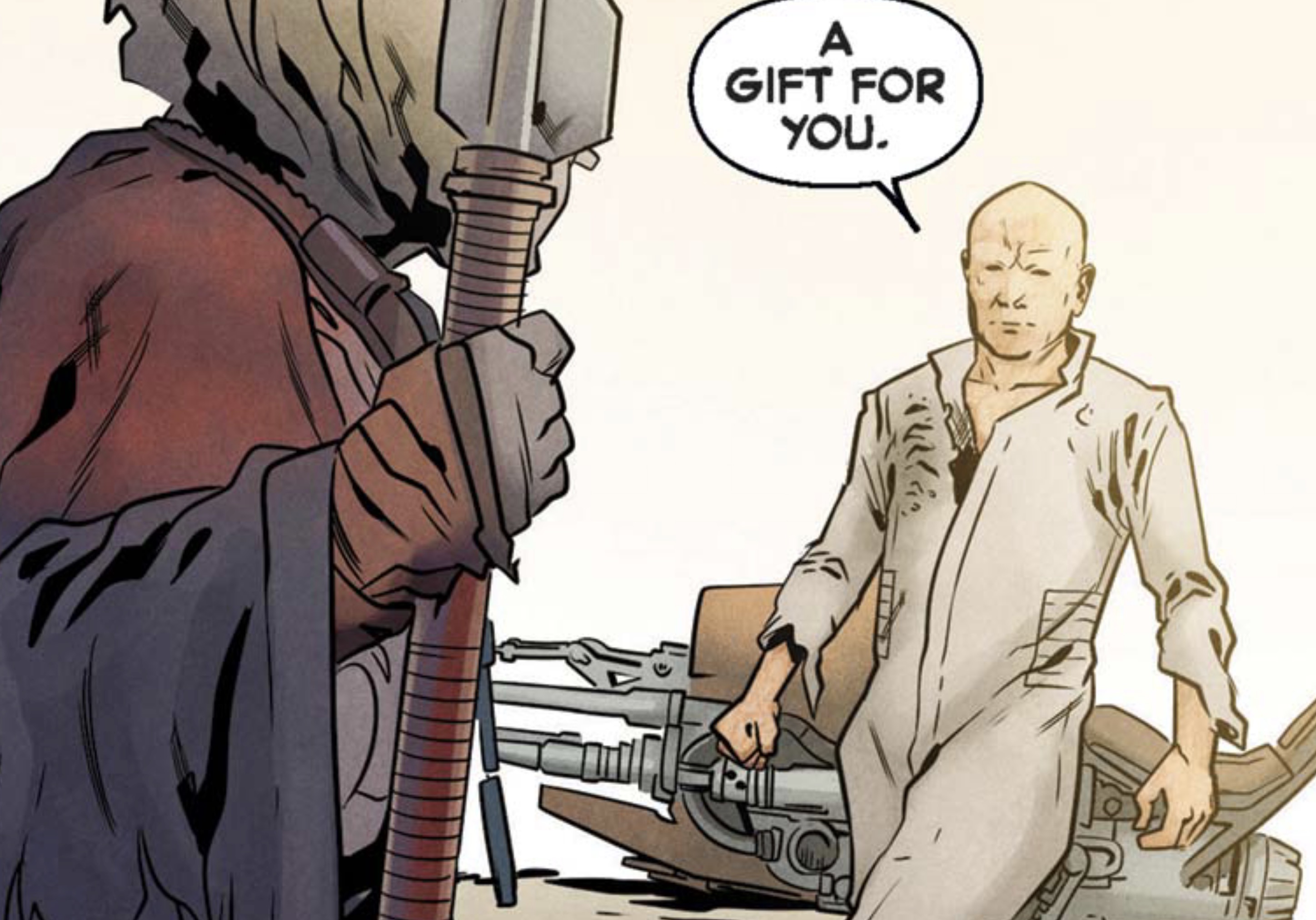 Boba Fett in a Star Wars comic panel: "A gift for you."