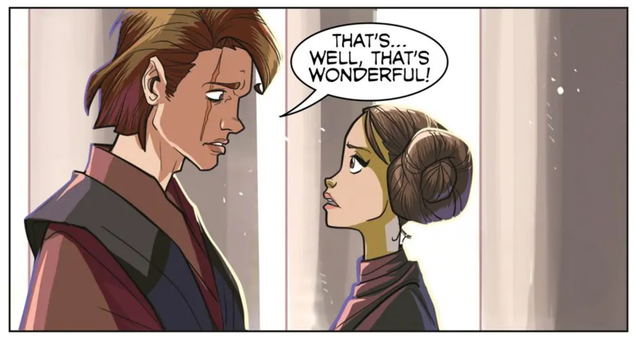 Anakin Skywalker & Leia Organa in a Star Wars comic panel: "That's... well, that's wonderful!"