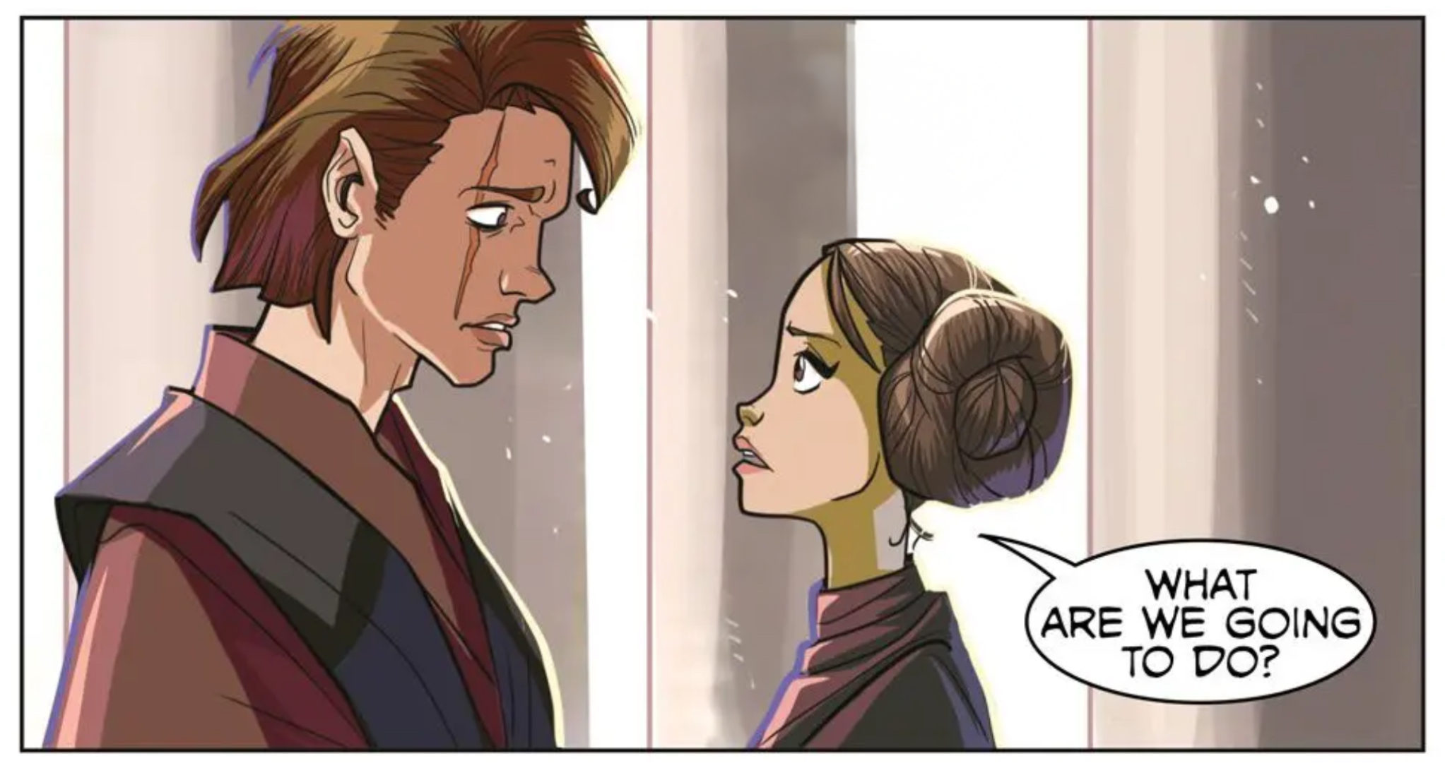 Anakin Skywalker & Padmé Amidala in a Star Wars comic panel: "What are we going to do?"