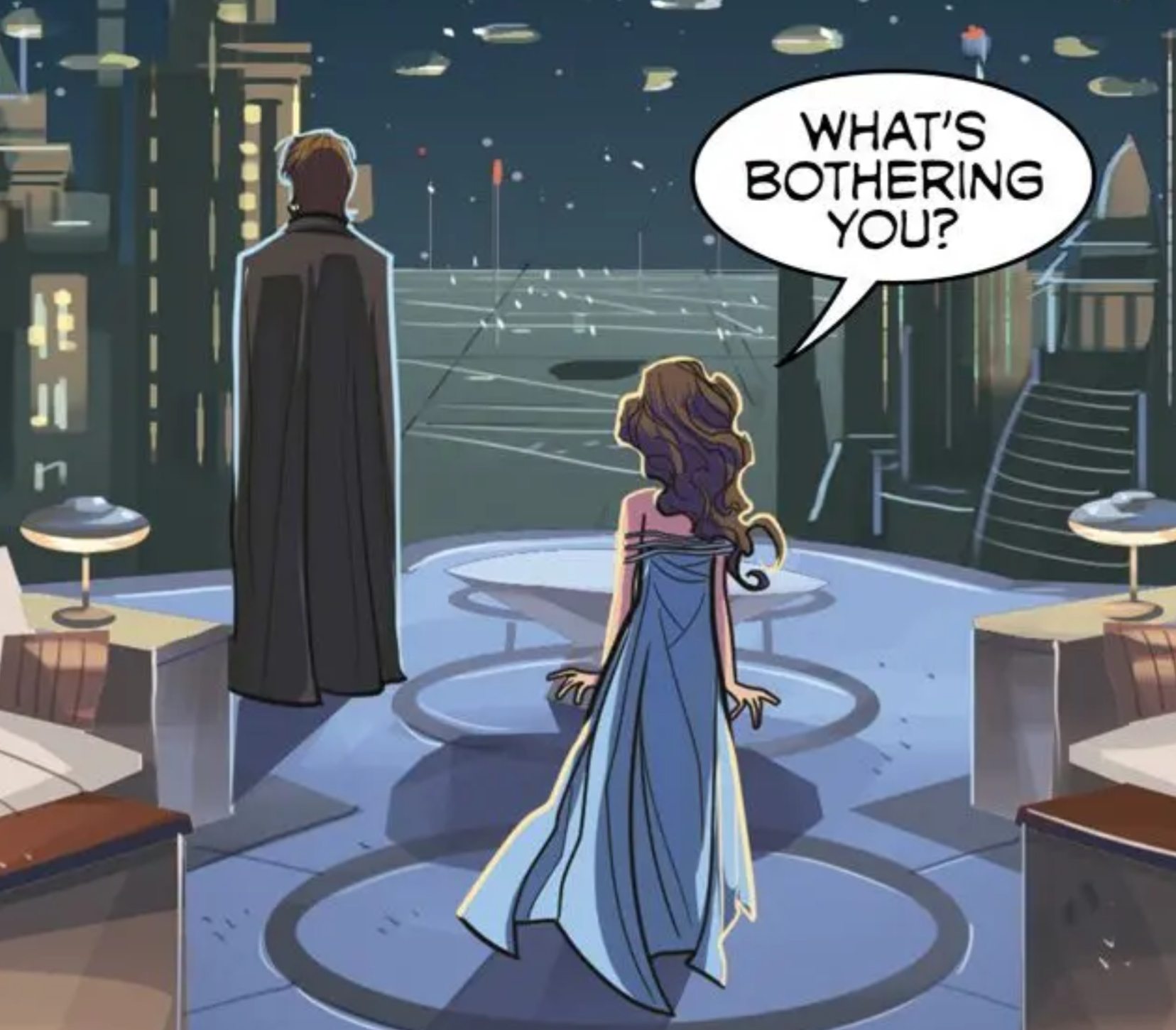 Anakin Skywalker & Padmé Amidala in a Star Wars comic panel: "What's bothering you?"
