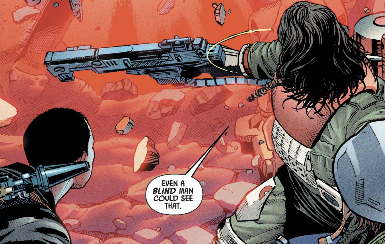 Baze Malbus & Chirrut Îmwe in a Star Wars comic panel: "Even a blind man could see that."