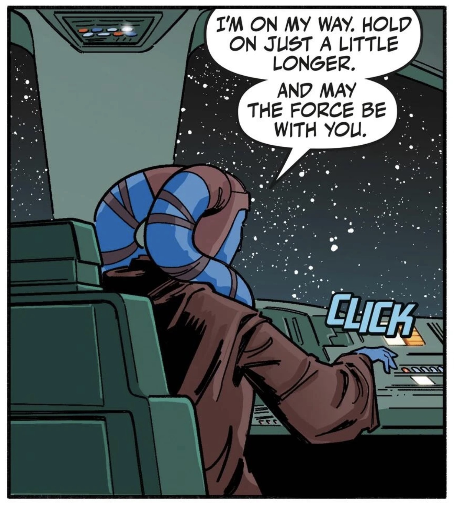 Star Wars comic panel: "I'm on my way. Hold on just a little longer. And may the Force be with you."