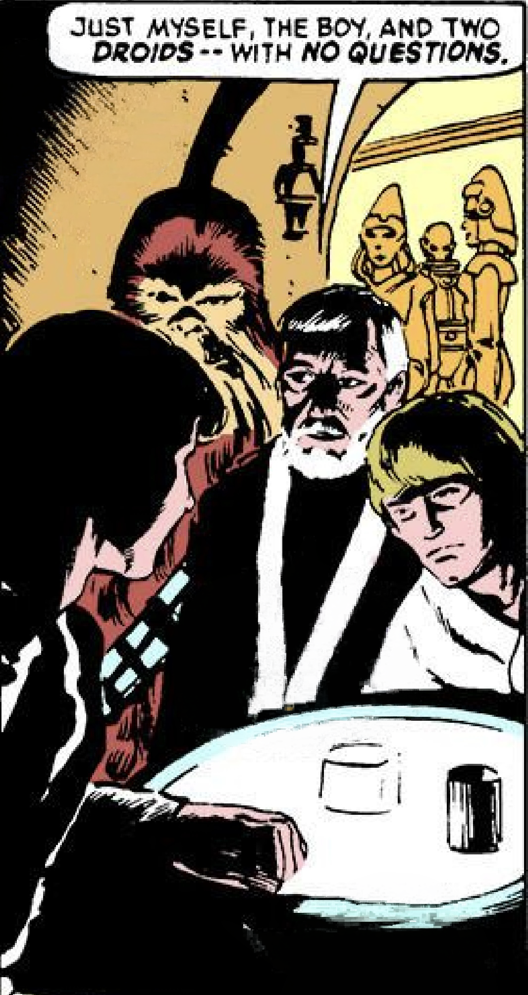 Obi-Wan Kenobi & Luke Skywalker in a Star Wars comic panel: "Just myself, the boy, and two droids -- with no questions."