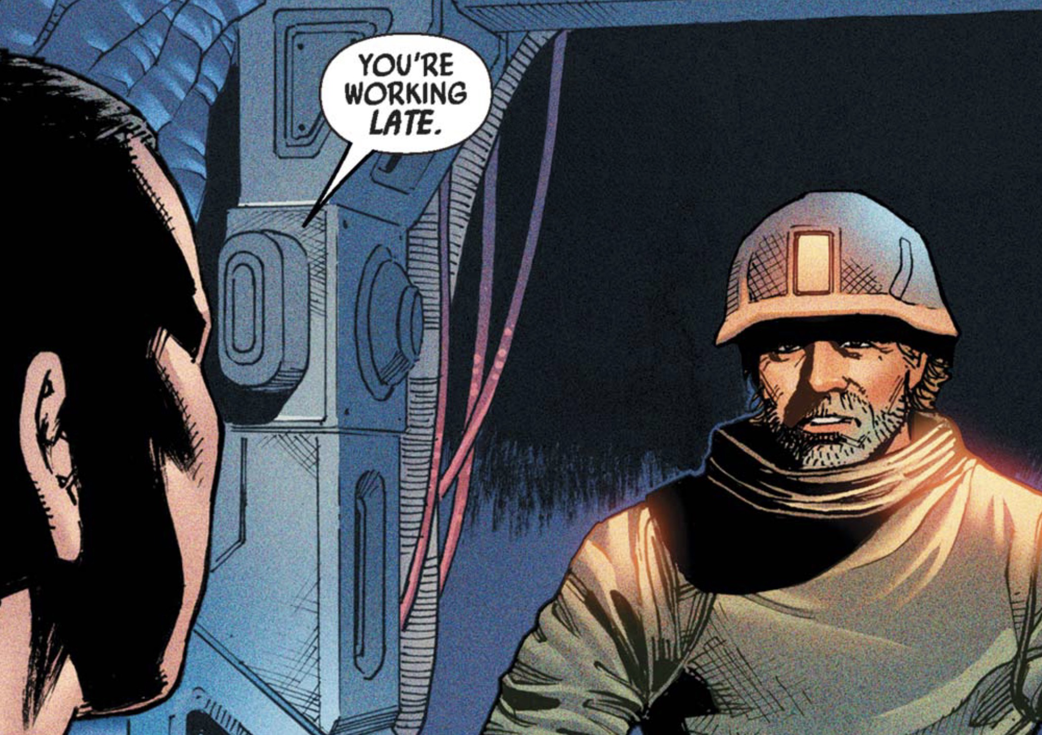 Star Wars comic panel: "You're working late."